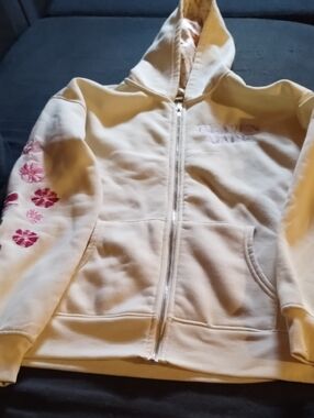 Kids Cream Zip-Up Hoodie with Pink Floral Sleeve